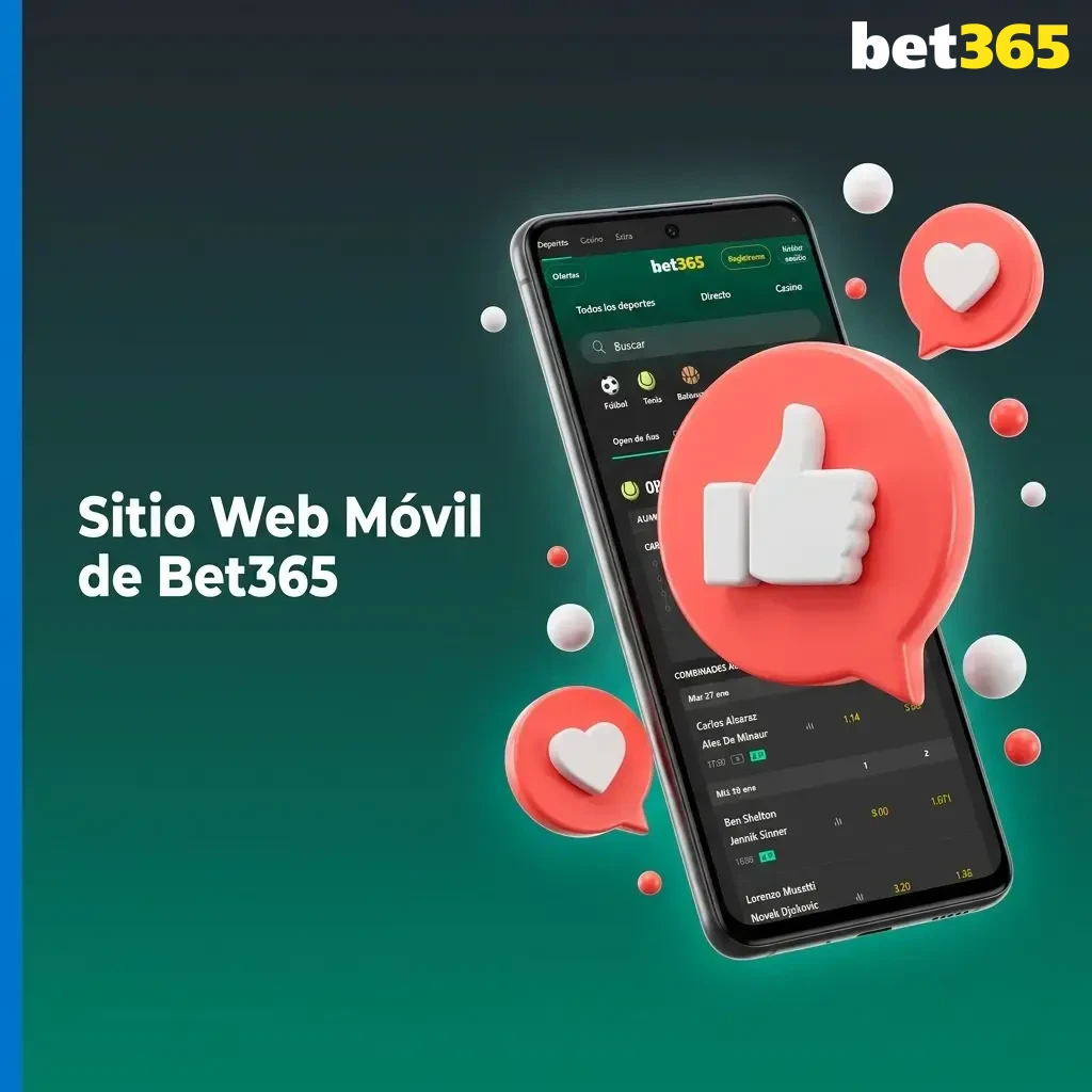 Sitio web móvil de Bet365 en navegador de teléfono con acceso a apuestas deportivas y casino en vivo